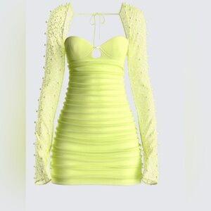 Finesse Lime Green Mesh Mini Dress XS Underwire Beaded Sleeves
